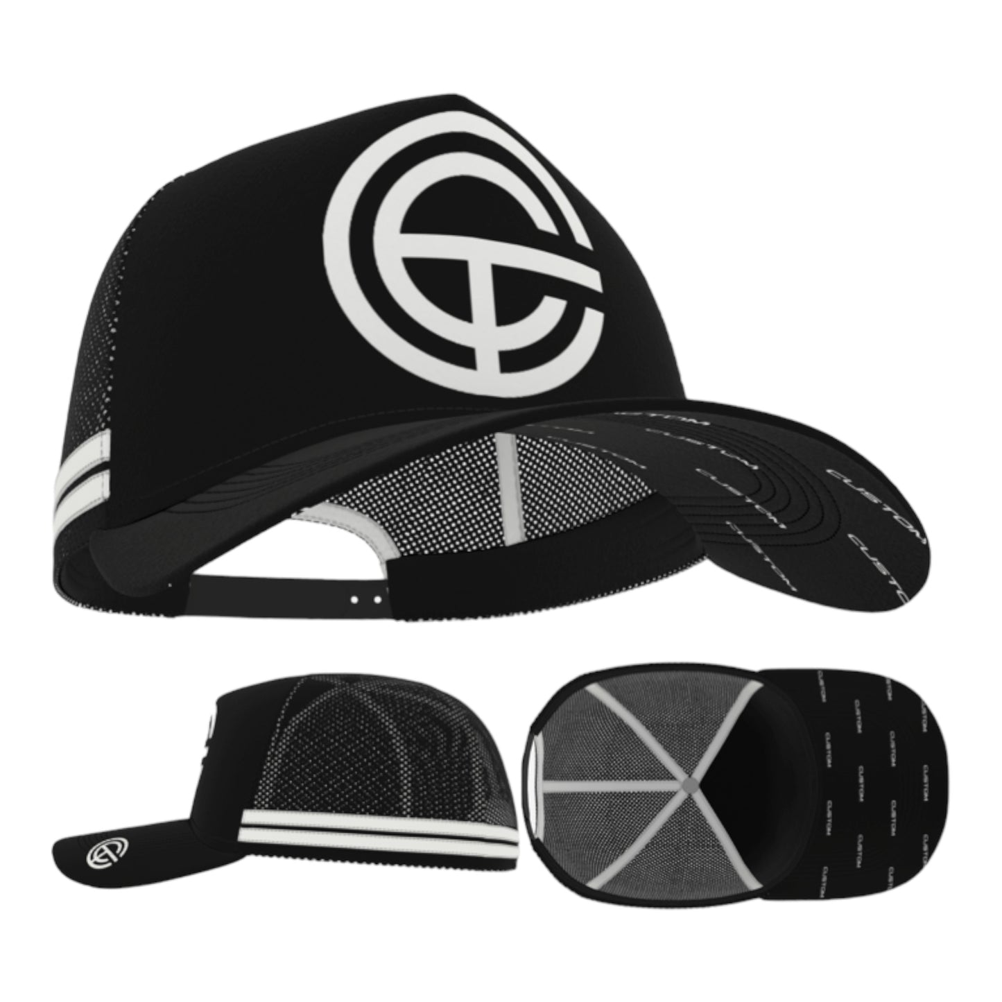 QTY 50 - Design Your Own: Choose Colours. Your Logo/Text Embroidered on FRONT, BRIM TOP and UNDER BRIM (Side Stripes). QTY:50 / $20.95 plus gst per cap