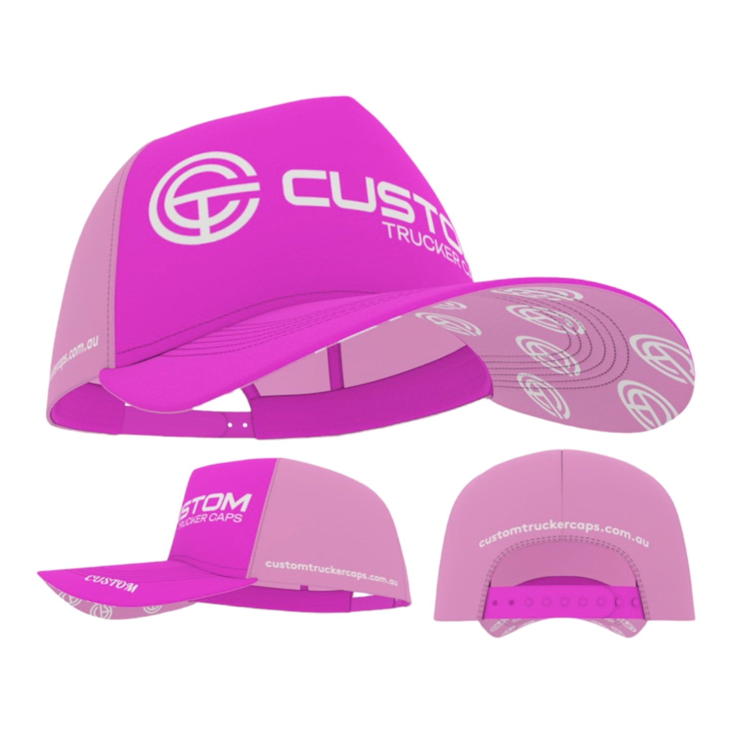 Design Your Own: Choose Colours. Your Logo/Text Embroidered on FRONT, BACK, SIDE, TOP OF BRIM and UNDER BRIM. MINIMUM QTY:50 / $22.95 plus gst per cap