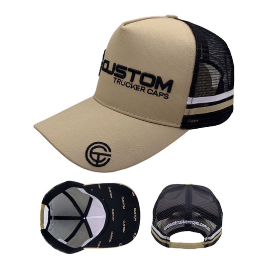 Design Your Own: Choose Colours. Your Logo/Text Embroidered on FRONT, BACK, TOP OF BRIM and UNDER BRIM (Side Stripes). MINIMUM QTY:50 / $22.20 plus gst per cap