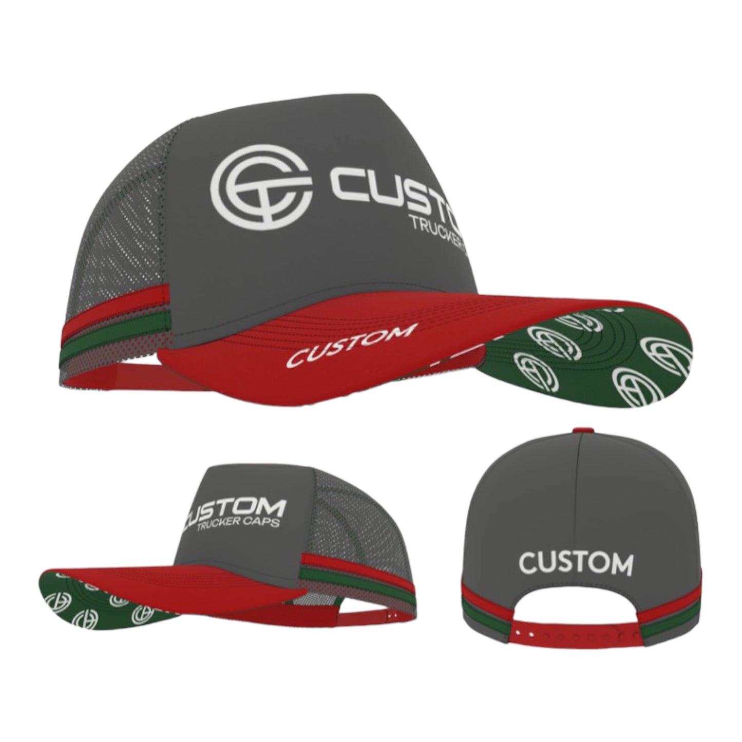 Design Your Own: Choose Colours. Your Logo/Text Embroidered on FRONT, BACK, TOP OF BRIM and UNDER BRIM (Side Stripes) MINIMUM QTY:50 / $22.95 plus gst per cap