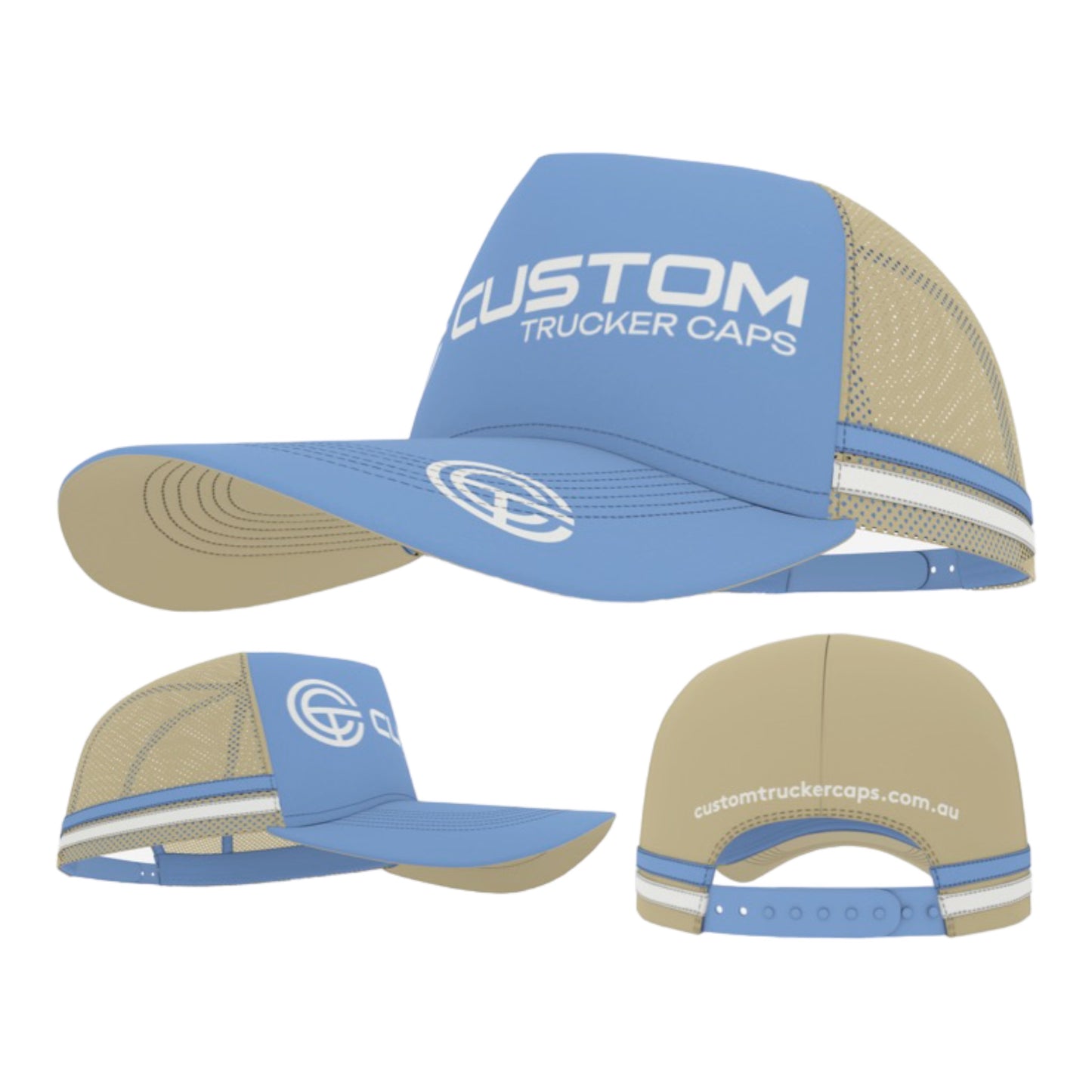 Design Your Own: Choose Colours. Your Logo/Text Embroidered on FRONT, BACK and TOP OF BRIM (Side Stripes) MINIMUM QTY:50 / $20.95 plus gst per cap