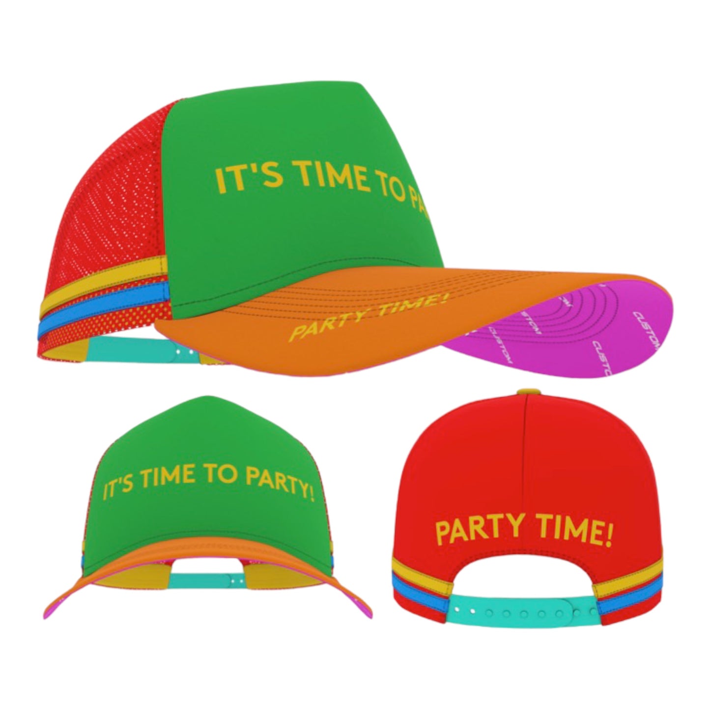 Design Your Own: Choose Colours. Your Logo/Text Embroidered on FRONT, BACK, TOP OF BRIM and UNDER BRIM (Side Stripes) Party-Event MINIMUM QTY:50 / $22.95 plus gst per cap